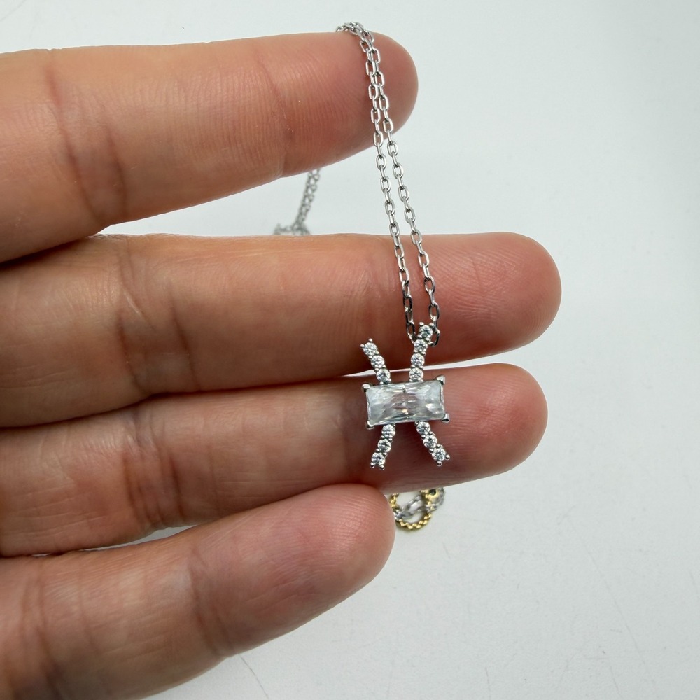 Silver Tone Baguette Stone Pendant Necklace Minimalist Chic Dainty 17in